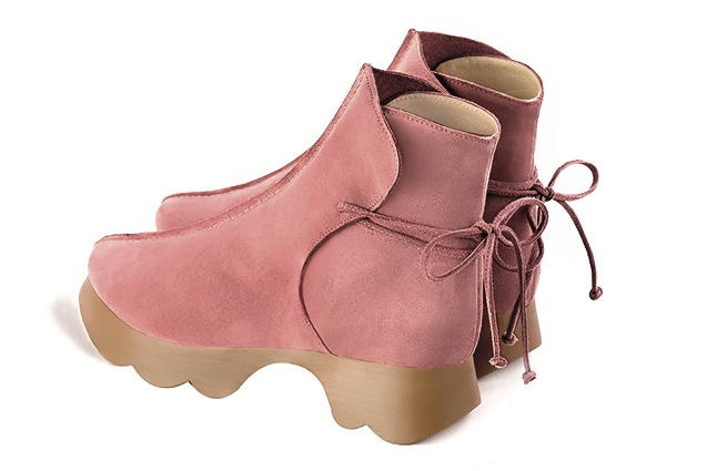 Dusty rose pink women's ankle boots with laces at the back.. Rear view - Florence KOOIJMAN